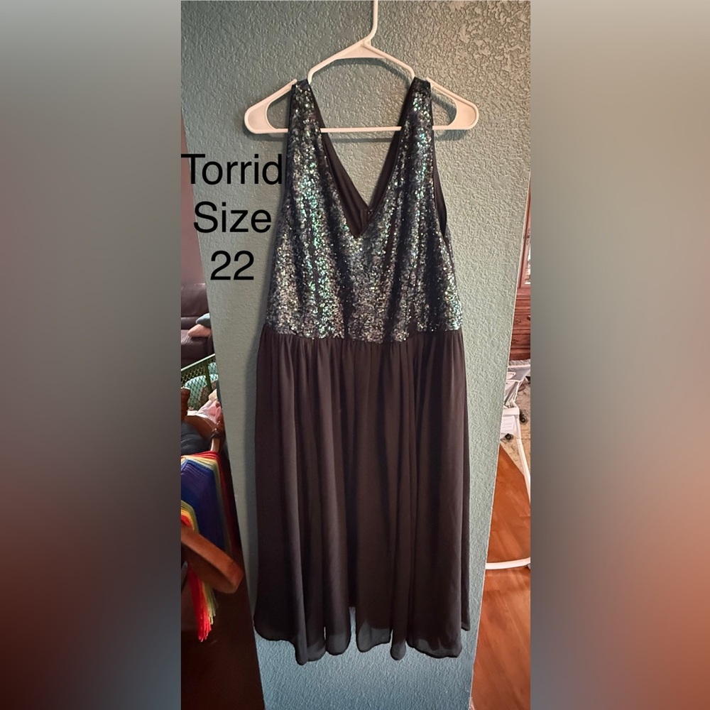 Torrid Black/teal/silver Sequin V-Neck Dress